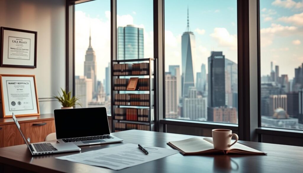 A modern, minimalist office setting with a large window overlooking a bustling city skyline. In the foreground, a desk with a laptop, legal documents, and a cup of coffee. The middle ground features a bookshelf filled with law books and a framed certificate on the wall. The background showcases the towering skyscrapers and the vibrant energy of the urban landscape, conveying a sense of professionalism and legal expertise. Soft, natural lighting illuminates the scene, creating a warm and inviting atmosphere. The overall composition emphasizes the importance of market research and legal considerations in the world of real estate investing.