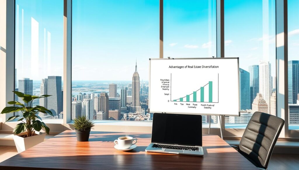 A modern office interior with large windows overlooking a cityscape. In the foreground, a sleek wooden desk with a laptop, a potted plant, and a cup of coffee. In the middle ground, a whiteboard displaying a graph illustrating the benefits of real estate diversification, such as reduced risk and increased stability. The background features a panoramic view of skyscrapers and a clear, blue sky, creating a sense of openness and opportunity. The lighting is natural, with soft, diffused sunlight filtering through the windows, creating a warm and professional atmosphere.