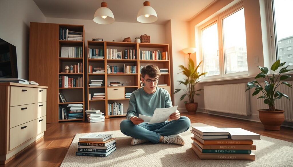 A modest studio apartment with minimalist furnishings, filled with natural light from large windows. In the foreground, a young adult sits cross-legged on the floor, intently reviewing financial documents and spreadsheets. Surrounding them, carefully organized shelves display books on personal finance, investment strategies, and minimalist living. The room has a serene, focused atmosphere, conveying a sense of intentional, disciplined savings behavior. Warm, diffused lighting from overhead fixtures casts a soft glow, while a potted plant in the corner adds a touch of greenery. The overall impression is one of simplicity, efficiency, and a laser-sharp dedication to building financial independence. A modest studio apartment with minimalist furnishings, filled with natural light from large windows. In the foreground, a young adult sits cross-legged on the floor, intently reviewing financial documents and spreadsheets. Surrounding them, carefully organized shelves display books on personal finance, investment strategies, and minimalist living. The room has a serene, focused atmosphere, conveying a sense of intentional, disciplined savings behavior. Warm, diffused lighting from overhead fixtures casts a soft glow, while a potted plant in the corner adds a touch of greenery. The overall impression is one of simplicity, efficiency, and a laser-sharp dedication to building financial independence.