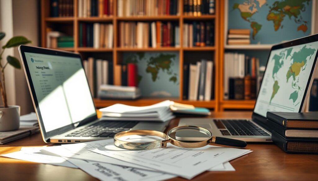 A neatly organized desk with a laptop, a magnifying glass, and a stack of financial documents, including loan rates and insurance policies. The scene is bathed in warm, natural lighting, creating a sense of focus and attention to detail. In the background, a bookshelf filled with financial guides and a world map, suggesting a broader understanding of credit and financial matters. The overall mood is one of thoughtful contemplation, emphasizing the importance of a good credit history in navigating the complexities of personal finance.