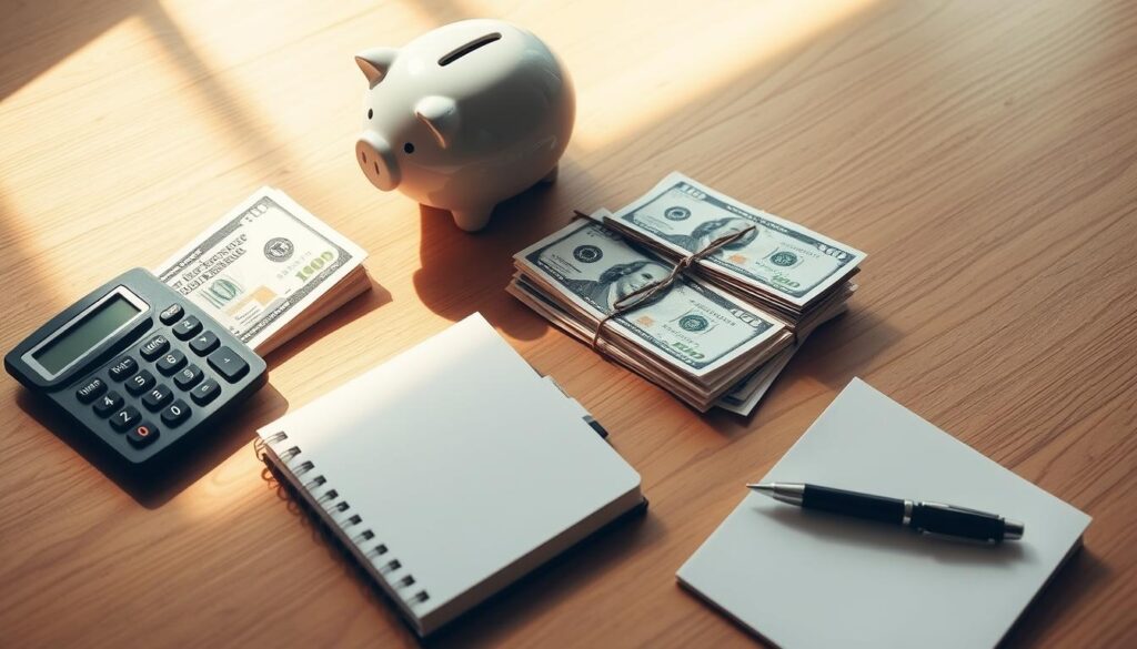 A neatly organized display of essential items for an emergency fund - a stack of cash bills, a piggy bank, a calculator, a pen, and a notebook on a minimalist wooden table. The scene is bathed in warm, natural lighting, creating a sense of security and financial well-being. The items are carefully arranged to convey the importance of having a reliable emergency savings plan, a key component of building lasting wealth. The overall composition exudes a serene, contemplative atmosphere, encouraging the viewer to reflect on the fundamental principles of responsible financial management. A neatly organized display of essential items for an emergency fund - a stack of cash bills, a piggy bank, a calculator, a pen, and a notebook on a minimalist wooden table. The scene is bathed in warm, natural lighting, creating a sense of security and financial well-being. The items are carefully arranged to convey the importance of having a reliable emergency savings plan, a key component of building lasting wealth. The overall composition exudes a serene, contemplative atmosphere, encouraging the viewer to reflect on the fundamental principles of responsible financial management.