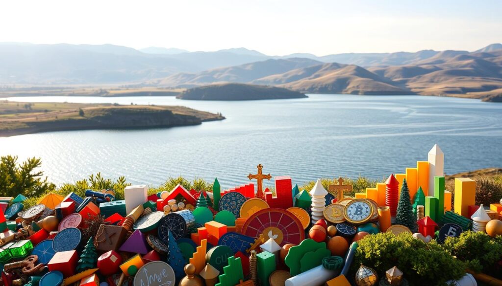 A panoramic scene depicting a diverse array of financial instruments against a backdrop of a serene, sun-dappled landscape. In the foreground, a collection of colorful ETF and index fund icons are arranged in a harmonious pattern, symbolizing the power of diversification. The middle ground features a tranquil lake with gently rippling waters, reflecting the stability and long-term growth associated with passive investing. In the background, rolling hills and a cloudless sky create a sense of balance and calm, conveying the peace of mind that comes with a well-diversified portfolio. The lighting is soft and natural, casting a warm, inviting glow over the entire scene. The overall composition evokes a feeling of financial security and the potential for steady, sustainable growth.