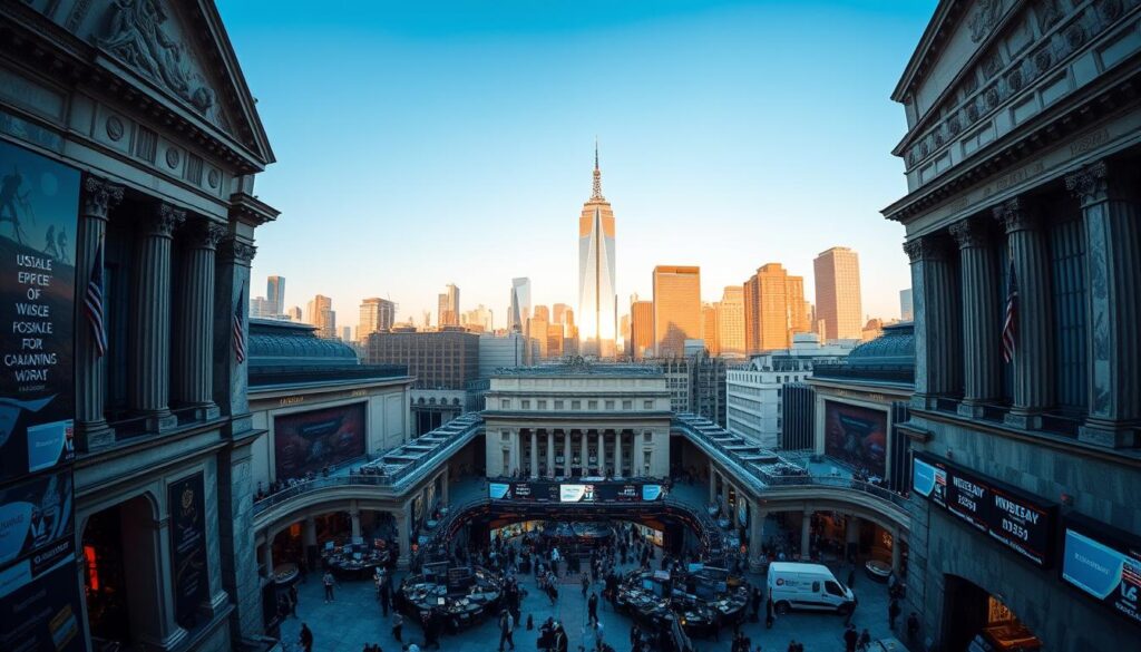 A panoramic view of the bustling stock market structure, capturing the essence of financial transactions. In the foreground, a grand marble facade with intricate designs, symbolic of the solidity and grandeur of the institution. The middle ground features a wide open trading floor, populated by a throng of traders engrossed in the ebb and flow of stock prices, illuminated by the warm glow of overhead lighting. In the background, a cityscape of towering skyscrapers and a clear, azure sky, signifying the global scale and interconnectedness of the financial world. The scene exudes a sense of dynamism, power, and the relentless pursuit of wealth and opportunity.