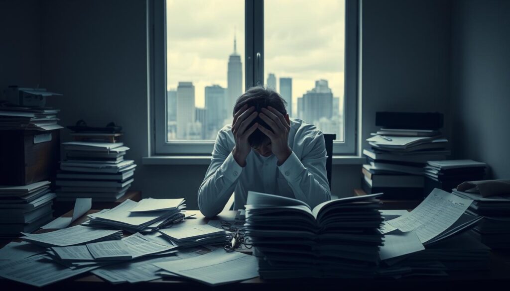 A person sitting at a desk, their head in their hands, surrounded by scattered papers and an overflowing ledger. The room is dimly lit, casting long shadows that accentuate the individual's posture of distress. In the background, a window overlooks a gloomy cityscape, hinting at the broader financial landscape that contributes to the subject's anxiety. The scene is rendered in a muted color palette, with a sense of unease and tension permeating the atmosphere. The lighting is moody, creating a sense of isolation and the weight of financial burdens. A person sitting at a desk, their head in their hands, surrounded by scattered papers and an overflowing ledger. The room is dimly lit, casting long shadows that accentuate the individual's posture of distress. In the background, a window overlooks a gloomy cityscape, hinting at the broader financial landscape that contributes to the subject's anxiety. The scene is rendered in a muted color palette, with a sense of unease and tension permeating the atmosphere. The lighting is moody, creating a sense of isolation and the weight of financial burdens.
