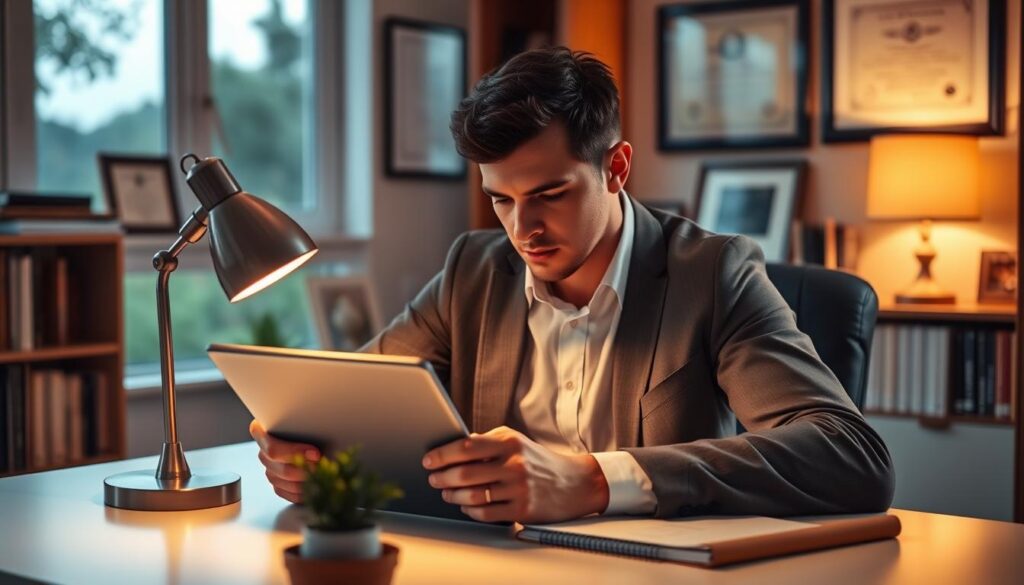 A professional financial advisor sits at a desk, illuminated by warm, ambient lighting. Their face is not visible, but their hands are poised over a tablet and notepad, deep in contemplation. The desk is clean and organized, with a small potted plant and a classic desk lamp in the foreground. In the middle ground, framed certificates and awards hang on the wall, conveying the advisor's expertise and credibility. The background is slightly blurred, but suggests a cozy, home-office setting with bookshelves and a window overlooking a tranquil, natural landscape. The overall mood is one of thoughtfulness, authority, and a commitment to guiding clients towards long-term financial success. A professional financial advisor sits at a desk, illuminated by warm, ambient lighting. Their face is not visible, but their hands are poised over a tablet and notepad, deep in contemplation. The desk is clean and organized, with a small potted plant and a classic desk lamp in the foreground. In the middle ground, framed certificates and awards hang on the wall, conveying the advisor's expertise and credibility. The background is slightly blurred, but suggests a cozy, home-office setting with bookshelves and a window overlooking a tranquil, natural landscape. The overall mood is one of thoughtfulness, authority, and a commitment to guiding clients towards long-term financial success.