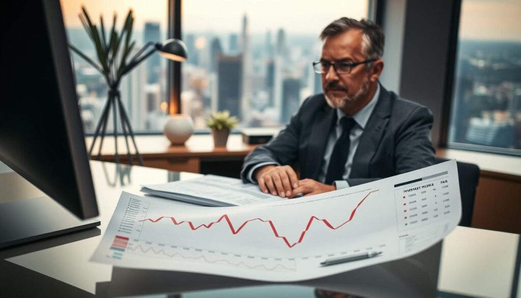 A professional, modern office setting with a middle-aged businessman sitting at a desk, reviewing financial documents and charts on his computer screen. The lighting is warm and focused, casting a subtle glow on the scene. In the foreground, a detailed graph or chart visualizing investment risks and potential returns, with clear annotations and data points. The background features minimalist decor and a window overlooking a bustling city skyline, symbolizing the larger economic environment. The overall atmosphere conveys a sense of thoughtful consideration and strategic decision-making around investment risk management.