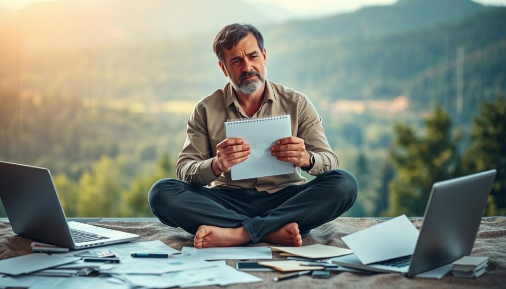 A seasoned freelancer sits cross-legged, their expression one of contemplation. In the foreground, scattered documents and a laptop represent the daily grind of earnings. Yet, in the middle ground, their hands hold a sketchpad, symbolizing their passion for their craft. The background fades into a serene, natural landscape, evoking a sense of inner peace and the pursuit of fulfillment beyond material gains. Soft, warm lighting casts a glow over the scene, conveying the freelancer's clarity of purpose and the rewards of experience over a singular focus on earnings. A seasoned freelancer sits cross-legged, their expression one of contemplation. In the foreground, scattered documents and a laptop represent the daily grind of earnings. Yet, in the middle ground, their hands hold a sketchpad, symbolizing their passion for their craft. The background fades into a serene, natural landscape, evoking a sense of inner peace and the pursuit of fulfillment beyond material gains. Soft, warm lighting casts a glow over the scene, conveying the freelancer's clarity of purpose and the rewards of experience over a singular focus on earnings.