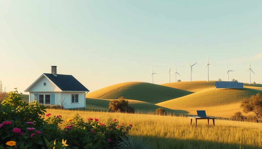 A serene and minimalist landscape showcases various passive income streams. In the foreground, a tranquil garden with lush foliage and vibrant flowers symbolizes a rental property. In the middle ground, a small home office with a laptop and books represents an online business. In the background, a gently rolling hillside is dotted with wind turbines and solar panels, signifying investments in renewable energy. The scene is bathed in warm, golden light, creating a sense of financial security and independence. The composition is balanced and harmonious, reflecting the synergy of diversified income sources. A serene and minimalist landscape showcases various passive income streams. In the foreground, a tranquil garden with lush foliage and vibrant flowers symbolizes a rental property. In the middle ground, a small home office with a laptop and books represents an online business. In the background, a gently rolling hillside is dotted with wind turbines and solar panels, signifying investments in renewable energy. The scene is bathed in warm, golden light, creating a sense of financial security and independence. The composition is balanced and harmonious, reflecting the synergy of diversified income sources.