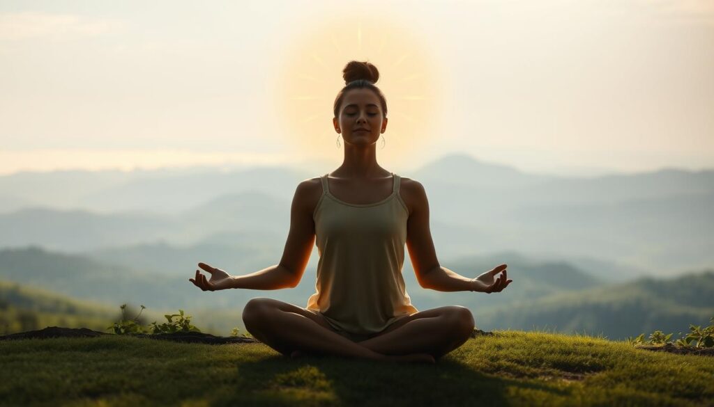 A serene and tranquil scene of a person in a meditative pose, surrounded by a halo of luminous golden energy, symbolizing a deep, loving connection with money. The figure sits cross-legged, palms upturned, eyes closed, exuding a sense of inner peace and abundance. Soft, diffused lighting illuminates the scene, creating a warm, inviting atmosphere. In the background, a lush, verdant landscape with rolling hills and a distant, shimmering horizon evokes a feeling of boundless prosperity and infinite possibilities. The overall composition conveys a harmonious blend of spirituality, gratitude, and a profound appreciation for the flow of abundance. A serene and tranquil scene of a person in a meditative pose, surrounded by a halo of luminous golden energy, symbolizing a deep, loving connection with money. The figure sits cross-legged, palms upturned, eyes closed, exuding a sense of inner peace and abundance. Soft, diffused lighting illuminates the scene, creating a warm, inviting atmosphere. In the background, a lush, verdant landscape with rolling hills and a distant, shimmering horizon evokes a feeling of boundless prosperity and infinite possibilities. The overall composition conveys a harmonious blend of spirituality, gratitude, and a profound appreciation for the flow of abundance.