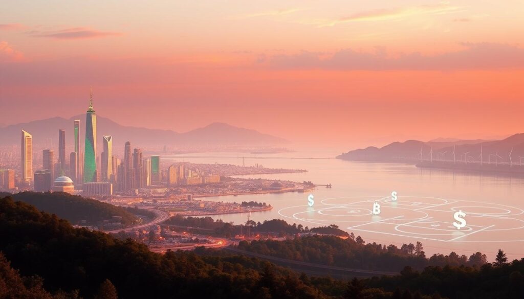 A serene digital landscape, bathed in a warm, golden glow. In the foreground, a futuristic cityscape of gleaming skyscrapers and sleek, autonomous vehicles. In the middle ground, a tranquil lake reflects the vibrant skyline, with holographic displays and digital currency symbols dancing across the surface. In the background, a mountainous horizon is punctuated by the silhouettes of cutting-edge renewable energy structures. The overall atmosphere conveys a sense of technological advancement, financial stability, and environmental harmony - a vision of digital financial independence.