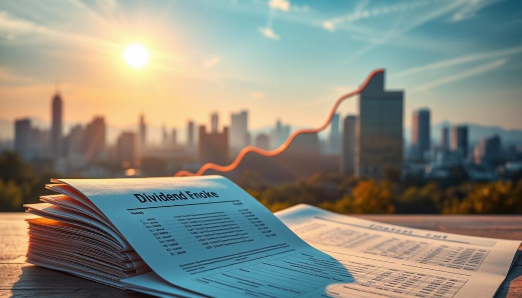 A serene financial landscape, illuminated by a warm, golden light. In the foreground, a stack of dividend stock certificates and an open financial report, conveying the promise of passive income. In the middle ground, a sleek, modern graph representing the growth of an index fund, reflecting the steady accumulation of wealth. In the background, a stylized cityscape with skyscrapers and a tranquil blue sky, symbolizing the long-term potential of these investment strategies. The overall composition exudes a sense of stability, security, and the potential for financial independence.