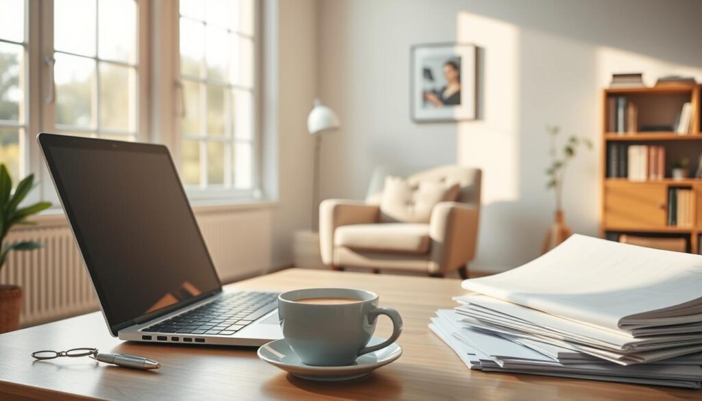 A serene home office setting, flooded with warm natural light from large windows. In the foreground, a laptop, a cup of coffee, and a stack of paperwork, suggesting the tasks of a freelance writer or virtual assistant. In the middle ground, a cozy armchair and a bookshelf, hinting at the intellectual and creative nature of the work. The background features a minimalist, uncluttered wall, with a tasteful piece of artwork or a simple plant, creating a calming, professional atmosphere. The lighting is soft and diffused, casting gentle shadows and highlighting the textures of the materials. The overall mood is one of focused productivity and tranquility, inviting the viewer to envision the opportunities of freelance writing and virtual assistance. A serene home office setting, flooded with warm natural light from large windows. In the foreground, a laptop, a cup of coffee, and a stack of paperwork, suggesting the tasks of a freelance writer or virtual assistant. In the middle ground, a cozy armchair and a bookshelf, hinting at the intellectual and creative nature of the work. The background features a minimalist, uncluttered wall, with a tasteful piece of artwork or a simple plant, creating a calming, professional atmosphere. The lighting is soft and diffused, casting gentle shadows and highlighting the textures of the materials. The overall mood is one of focused productivity and tranquility, inviting the viewer to envision the opportunities of freelance writing and virtual assistance.