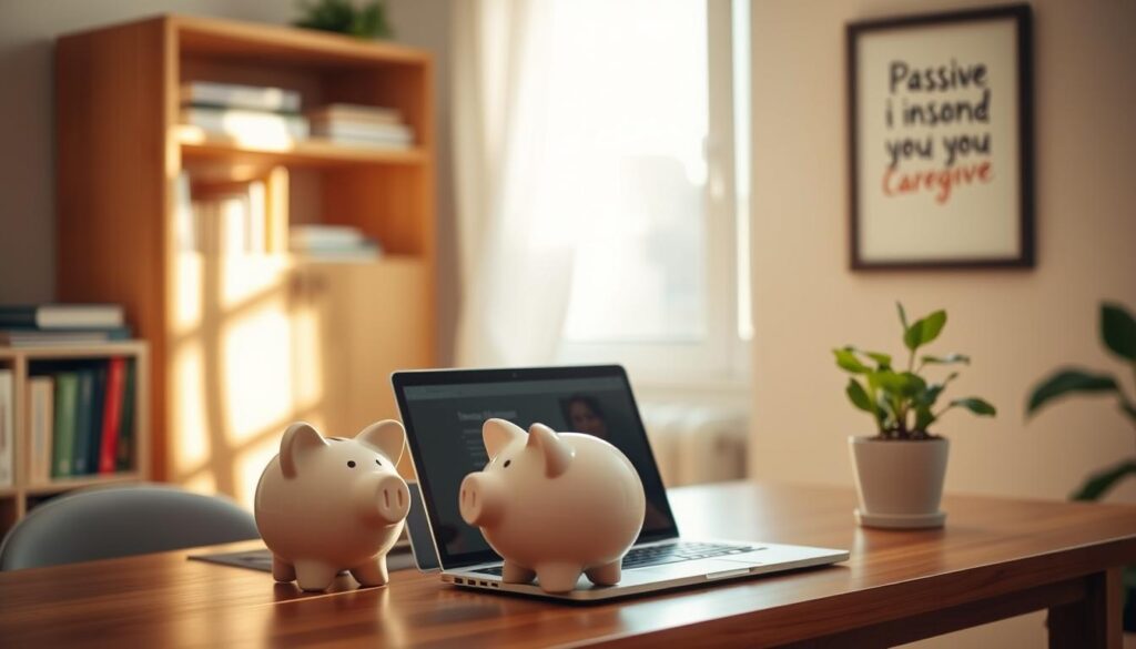 A serene home office setting, with a laptop, a piggy bank, and a potted plant on a wooden desk. Warm, natural lighting streams through a window, casting a cozy glow. In the background, a soft, blurred bookshelf and a framed inspirational artwork hang on the wall. The scene conveys a sense of tranquility and financial security, inviting the viewer to explore passive income strategies that can empower stay-at-home caregivers. A serene home office setting, with a laptop, a piggy bank, and a potted plant on a wooden desk. Warm, natural lighting streams through a window, casting a cozy glow. In the background, a soft, blurred bookshelf and a framed inspirational artwork hang on the wall. The scene conveys a sense of tranquility and financial security, inviting the viewer to explore passive income strategies that can empower stay-at-home caregivers.