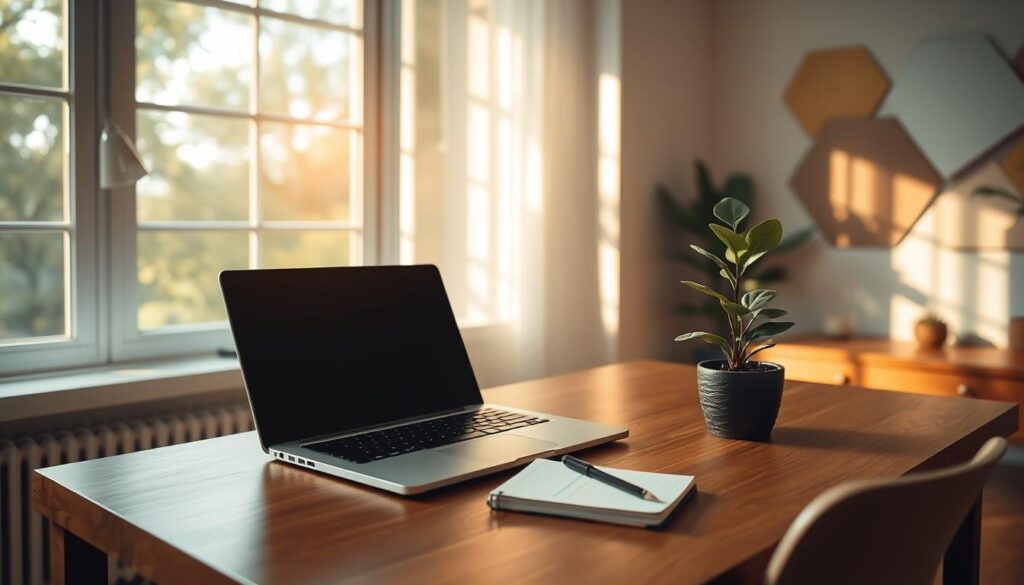 A serene home office setting with a laptop, notepad, and a money plant on a minimalist wooden desk. Soft natural lighting filters through large windows, casting a warm glow. In the background, geometric shapes and abstract patterns suggest the concept of passive income streams. The overall atmosphere is one of quiet contemplation and financial potential, encouraging the viewer to explore ways to cultivate supplemental earnings.