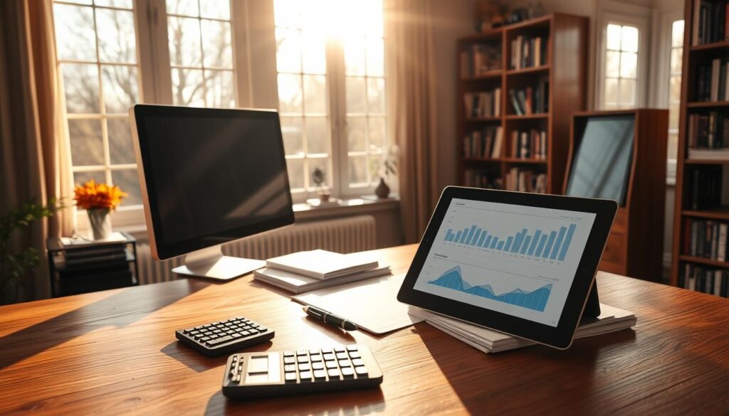 A serene home office with a wooden desk, a desktop computer, and a stack of financial documents. Sunlight streams in through large windows, casting a warm glow on the scene. On the desk, a calculator, a pen, and a tablet displaying graphs and charts, representing the thoughtful analysis of passive income opportunities. Bookshelves line the walls, hinting at the owner's financial expertise. The overall atmosphere conveys a sense of focus, organization, and contemplation, as the individual carefully evaluates their financial situation to pursue passive income streams.