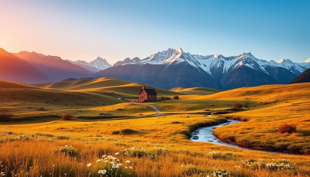 A serene, inviting landscape with a lush meadow in the foreground, dotted with wildflowers and peaceful streams. In the middle ground, a quaint cottage nestled among rolling hills, its windows aglow with a warm, inviting light. The background features a magnificent mountain range, their peaks capped in snow and bathed in the golden glow of the setting sun. The scene exudes a sense of tranquility and financial security, hinting at the passive income opportunities that await the viewer. Captured with a wide-angle lens, the image conveys a sense of expansive, idyllic potential for building wealth through smart, diversified investments. A serene, inviting landscape with a lush meadow in the foreground, dotted with wildflowers and peaceful streams. In the middle ground, a quaint cottage nestled among rolling hills, its windows aglow with a warm, inviting light. The background features a magnificent mountain range, their peaks capped in snow and bathed in the golden glow of the setting sun. The scene exudes a sense of tranquility and financial security, hinting at the passive income opportunities that await the viewer. Captured with a wide-angle lens, the image conveys a sense of expansive, idyllic potential for building wealth through smart, diversified investments.