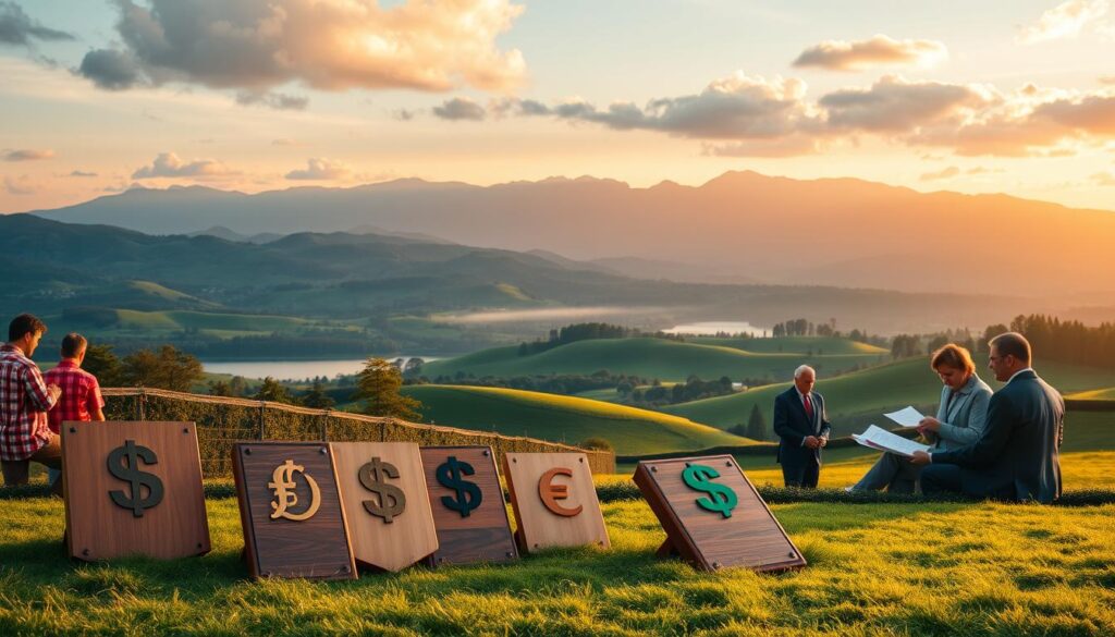 A serene landscape with lush rolling hills, a calm lake reflecting the sky, and a picturesque countryside setting. In the foreground, a diverse array of dividend-paying stocks, their symbols and logos displayed on elegant, wooden plaques. The middle ground features a group of well-dressed investors studying financial reports and discussing investment strategies under the warm glow of a soft, natural lighting. In the background, a majestic mountain range bathed in the golden hues of the setting sun, conveying a sense of stability, prosperity, and long-term growth.