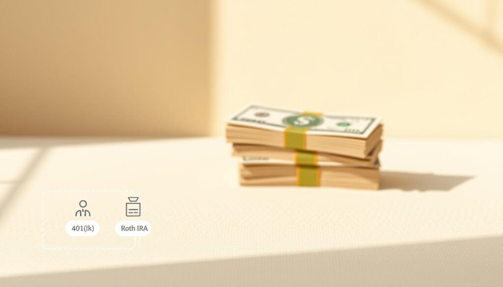 A serene, minimalist illustration depicting the key elements of tax-advantaged retirement savings plans. In the foreground, a clean-lined diagram showcases the fundamental account types - 401(k), IRA, and Roth IRA - with intuitive icons and simple, legible labels. The middle ground features a softly blurred stack of currency notes, symbolizing the financial benefits of these accounts. The background is a subtly textured, neutral-toned expanse, creating a sense of balance and focus on the core concepts. Warm, natural lighting casts gentle shadows, evoking a sense of trustworthiness and reliability. The overall composition is designed to be informative yet visually pleasing, guiding the viewer's attention to the essential components of retirement savings.