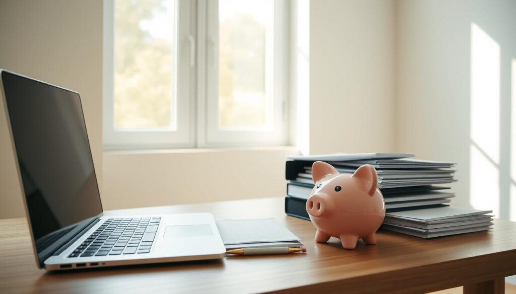 A serene, minimalist workspace with a laptop, a piggy bank, and various financial documents neatly arranged on a wooden desk. Sunlight streams in through large windows, casting a warm, natural glow over the scene. The background features a clean, uncluttered wall, emphasizing the focus on organization and simplicity. A sense of calm and control pervades the image, reflecting the idea of automated savings strategies as a means of financial self-care. A serene, minimalist workspace with a laptop, a piggy bank, and various financial documents neatly arranged on a wooden desk. Sunlight streams in through large windows, casting a warm, natural glow over the scene. The background features a clean, uncluttered wall, emphasizing the focus on organization and simplicity. A sense of calm and control pervades the image, reflecting the idea of automated savings strategies as a means of financial self-care.
