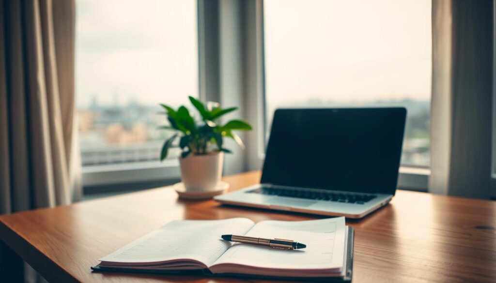 A serene office setting with a wooden desk, a potted plant, and a laptop computer. On the desk, a notebook and a pen lay open, suggesting the owner is deep in thought about their financial goals. The lighting is soft and warm, creating a contemplative atmosphere. In the background, a large window overlooking a cityscape or a peaceful natural scene provides a calming backdrop. The overall composition evokes a sense of focus, organization, and a desire to achieve financial stability and well-being. A serene office setting with a wooden desk, a potted plant, and a laptop computer. On the desk, a notebook and a pen lay open, suggesting the owner is deep in thought about their financial goals. The lighting is soft and warm, creating a contemplative atmosphere. In the background, a large window overlooking a cityscape or a peaceful natural scene provides a calming backdrop. The overall composition evokes a sense of focus, organization, and a desire to achieve financial stability and well-being.