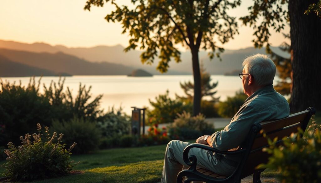 A serene scene of a peaceful retirement, with a retiree sitting on a bench overlooking a tranquil lake. The foreground features the retiree, dressed casually and relaxed, surrounded by lush greenery and a well-manicured garden. The middle ground showcases a picturesque lake, its surface reflecting the warm hues of the setting sun. In the background, rolling hills and a few scattered trees create a calming, natural backdrop. The lighting is soft and warm, creating a sense of contentment and financial security. The overall atmosphere is one of a well-planned and financially secure retirement, a testament to the effective savings strategies and investment approaches employed. A serene scene of a peaceful retirement, with a retiree sitting on a bench overlooking a tranquil lake. The foreground features the retiree, dressed casually and relaxed, surrounded by lush greenery and a well-manicured garden. The middle ground showcases a picturesque lake, its surface reflecting the warm hues of the setting sun. In the background, rolling hills and a few scattered trees create a calming, natural backdrop. The lighting is soft and warm, creating a sense of contentment and financial security. The overall atmosphere is one of a well-planned and financially secure retirement, a testament to the effective savings strategies and investment approaches employed.
