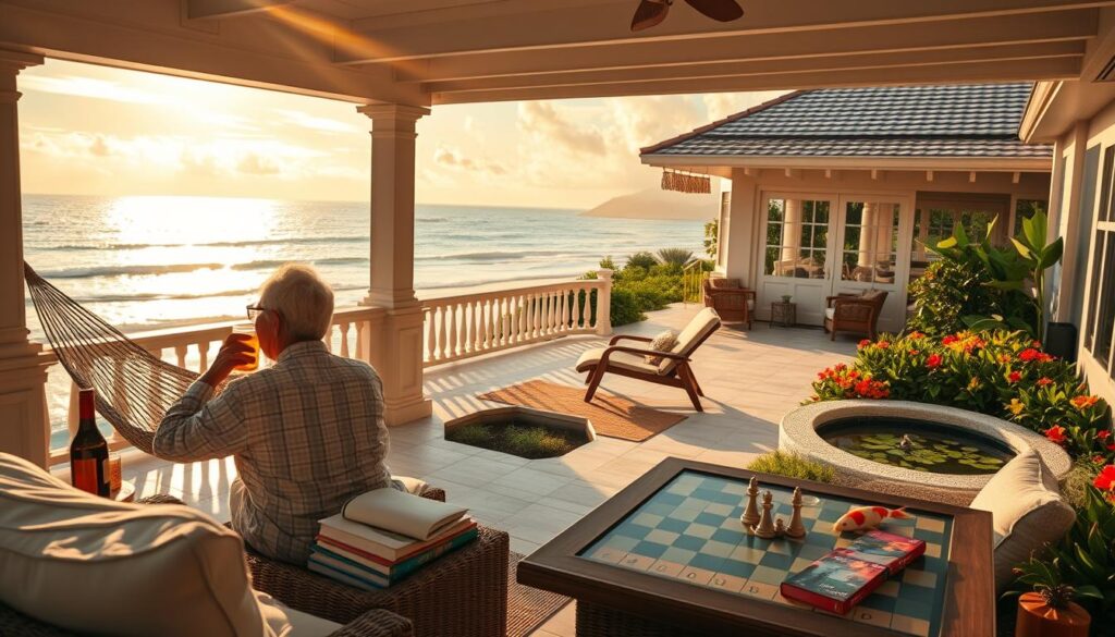 A serene seaside villa, with a wraparound porch and a hammock swaying gently in the ocean breeze. In the foreground, a retired couple sip iced tea, gazing out at the glistening waves lapping the shore. The midground features a well-stocked home bar, a stack of travel guides, and a chessboard set up for a leisurely game. The background showcases a lush, verdant garden with vibrant flowers and a tranquil koi pond. Warm, golden sunlight filters through wispy clouds, casting a soft, dreamlike glow over the entire scene. The atmosphere exudes a sense of peace, relaxation, and the freedom to pursue one's passions in the aftermath of early retirement. A serene seaside villa, with a wraparound porch and a hammock swaying gently in the ocean breeze. In the foreground, a retired couple sip iced tea, gazing out at the glistening waves lapping the shore. The midground features a well-stocked home bar, a stack of travel guides, and a chessboard set up for a leisurely game. The background showcases a lush, verdant garden with vibrant flowers and a tranquil koi pond. Warm, golden sunlight filters through wispy clouds, casting a soft, dreamlike glow over the entire scene. The atmosphere exudes a sense of peace, relaxation, and the freedom to pursue one's passions in the aftermath of early retirement.