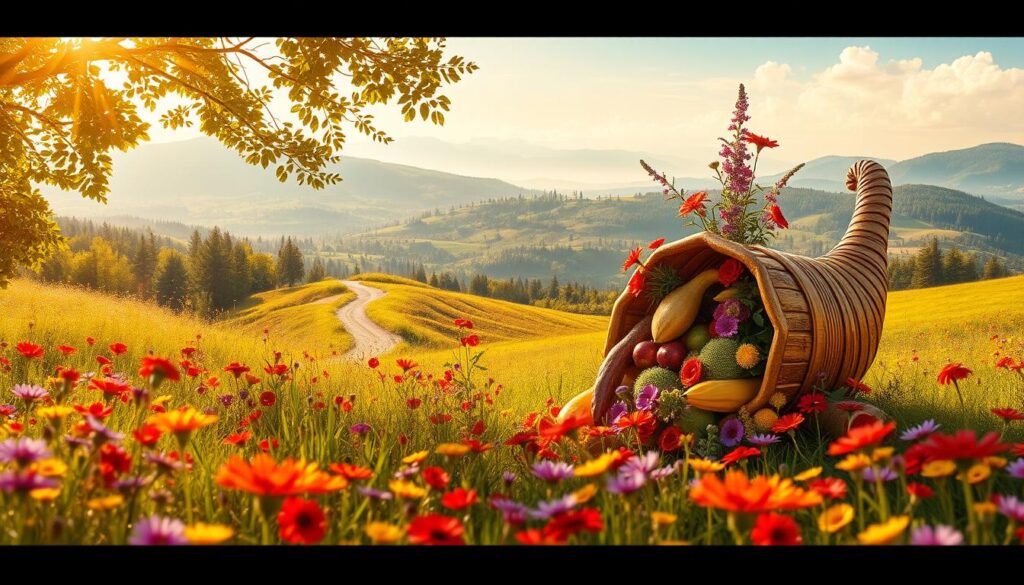 A serene, sun-dappled meadow, brimming with vibrant wildflowers in shades of red, yellow, and purple. In the foreground, a golden cornucopia spills forth an abundance of fresh produce and blooming botanicals, symbolizing the wealth of opportunities and possibilities. In the middle ground, a winding path leads the eye towards a lush, verdant forest, its canopy filtering warm, soft light. In the distance, rolling hills painted in shades of green and blue fade into a hazy horizon, radiating a sense of boundless potential. The overall mood is one of abundance, prosperity, and optimism, capturing the essence of an "abundance mindset." A serene, sun-dappled meadow, brimming with vibrant wildflowers in shades of red, yellow, and purple. In the foreground, a golden cornucopia spills forth an abundance of fresh produce and blooming botanicals, symbolizing the wealth of opportunities and possibilities. In the middle ground, a winding path leads the eye towards a lush, verdant forest, its canopy filtering warm, soft light. In the distance, rolling hills painted in shades of green and blue fade into a hazy horizon, radiating a sense of boundless potential. The overall mood is one of abundance, prosperity, and optimism, capturing the essence of an "abundance mindset."