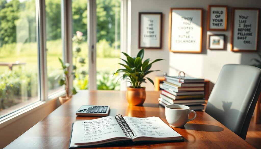 A serene, sun-dappled workspace with a wooden desk and chair. On the desk, a stack of financial documents, a calculator, and a journal open to pages filled with handwritten affirmations and goals. In the foreground, a potted plant and a cup of coffee or tea, symbolizing growth and mindfulness. The middle ground features framed artwork or inspirational quotes on the wall, casting a warm, encouraging glow. The background showcases a window overlooking a lush, verdant landscape, representing the abundance and prosperity on the horizon. The scene is bathed in soft, natural lighting, creating a sense of tranquility and focus. A serene, sun-dappled workspace with a wooden desk and chair. On the desk, a stack of financial documents, a calculator, and a journal open to pages filled with handwritten affirmations and goals. In the foreground, a potted plant and a cup of coffee or tea, symbolizing growth and mindfulness. The middle ground features framed artwork or inspirational quotes on the wall, casting a warm, encouraging glow. The background showcases a window overlooking a lush, verdant landscape, representing the abundance and prosperity on the horizon. The scene is bathed in soft, natural lighting, creating a sense of tranquility and focus.