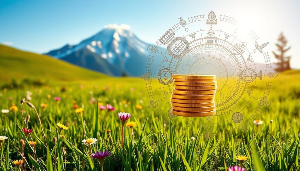 A serene, sun-drenched meadow with lush green grass and vibrant wildflowers. In the foreground, a floating stack of golden coins, the sunlight glinting off their polished surfaces. Surrounding the coins, intricate patterns and symbols representing different wealth mindset beliefs - growth, abundance, prosperity, and financial freedom. In the background, a majestic mountain range, its peaks capped with snow, symbolizing the heights that can be achieved with the right mindset. The overall atmosphere is one of calm, clarity, and the realization of one's full potential. A serene, sun-drenched meadow with lush green grass and vibrant wildflowers. In the foreground, a floating stack of golden coins, the sunlight glinting off their polished surfaces. Surrounding the coins, intricate patterns and symbols representing different wealth mindset beliefs - growth, abundance, prosperity, and financial freedom. In the background, a majestic mountain range, its peaks capped with snow, symbolizing the heights that can be achieved with the right mindset. The overall atmosphere is one of calm, clarity, and the realization of one's full potential.