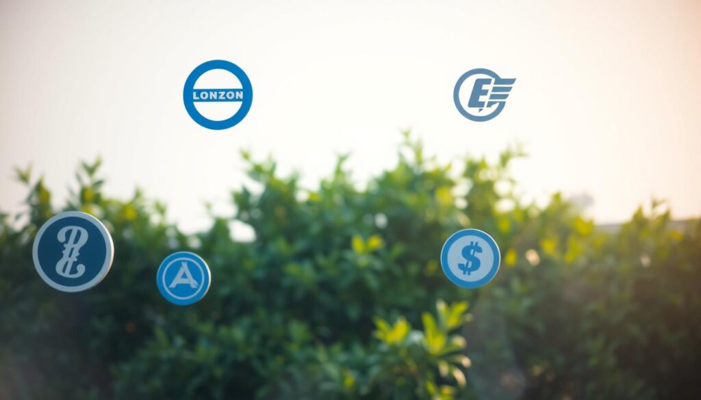 A serene, well-composed scene of blue chip dividend stocks. In the foreground, several corporate logos of renowned blue-chip companies float in a soft, hazy light, conveying a sense of financial stability and reliability. In the middle ground, a backdrop of lush, verdant foliage provides a natural, calming environment, hinting at the long-term growth potential of these dividend-paying stocks. The overall atmosphere is one of tranquility and enduring prosperity, captured through a subtle, cinematic lens that emphasizes the timeless appeal of these proven income leaders.