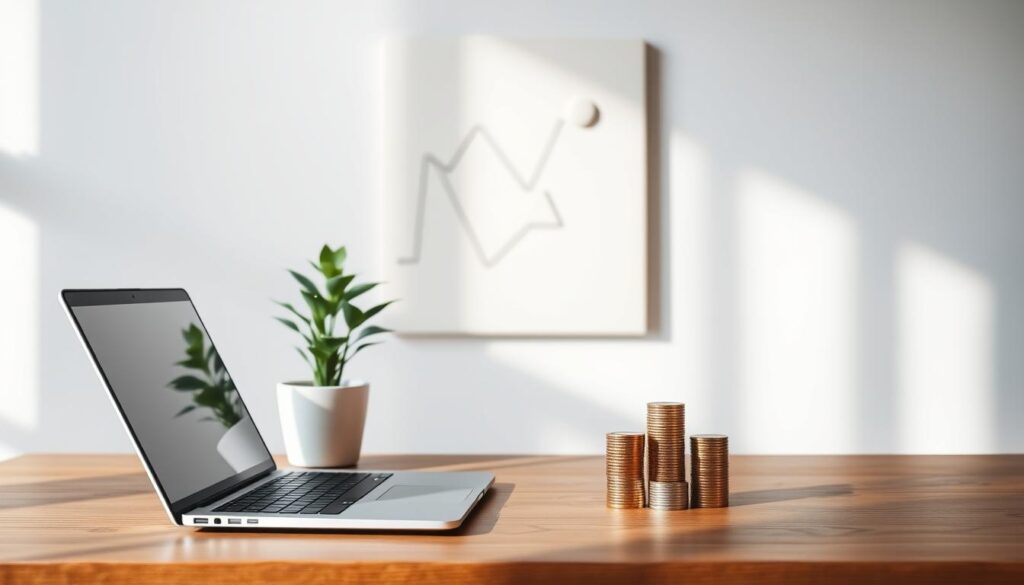 A serene workspace with a laptop, a potted plant, and a stack of coins on a wooden desk, illuminated by soft, natural lighting. In the background, a minimalist wall decor with abstract shapes, evoking the concept of passive income and financial freedom. The composition is clean, balanced, and inviting, creating a sense of tranquility and opportunity.