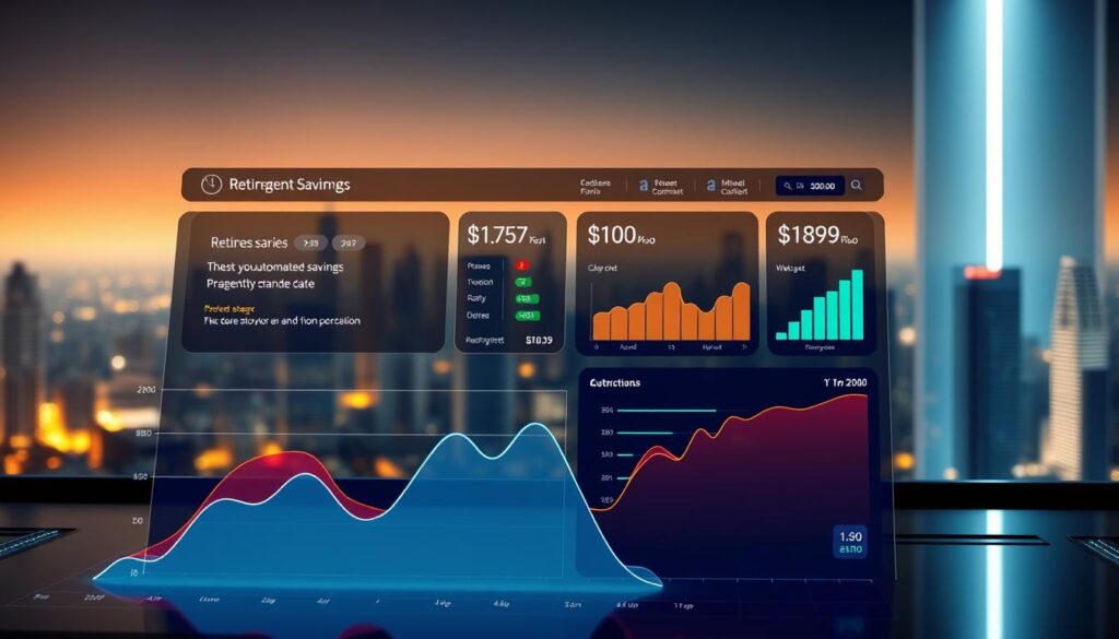A sleek, futuristic financial dashboard displaying automated savings strategies. In the foreground, a stylized graph tracks the growth of a retirement fund, with smooth lines and vibrant colors. In the middle ground, a series of interactive widgets allow the user to adjust parameters like contribution rates and investment allocations. The background features a minimalist cityscape, bathed in a warm, ambient glow from strategically placed lighting. The overall composition conveys a sense of control, security, and the power of technology-driven financial planning. A sleek, futuristic financial dashboard displaying automated savings strategies. In the foreground, a stylized graph tracks the growth of a retirement fund, with smooth lines and vibrant colors. In the middle ground, a series of interactive widgets allow the user to adjust parameters like contribution rates and investment allocations. The background features a minimalist cityscape, bathed in a warm, ambient glow from strategically placed lighting. The overall composition conveys a sense of control, security, and the power of technology-driven financial planning.