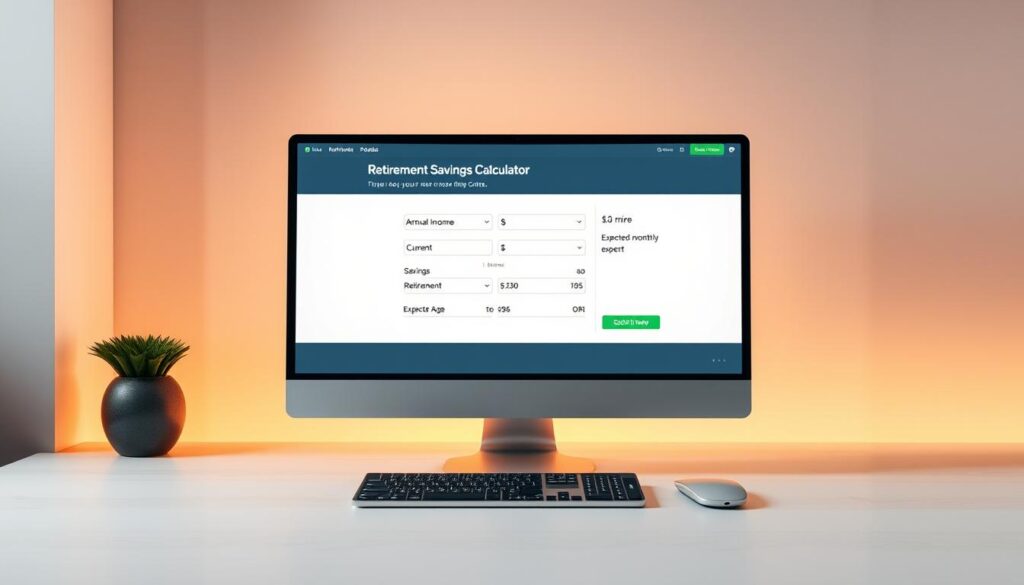 A sleek, modern desktop with a computer screen displaying a retirement savings calculator interface. The screen shows various input fields such as annual income, current savings, retirement age, and expected monthly expenses. The desktop surface has a minimalist design with a white or light-colored wood grain texture. Subtle, warm lighting casts a soft glow across the scene, creating a sense of calm and focus. The composition emphasizes the calculator interface, with the desktop and surrounding environment providing a clean, uncluttered backdrop to highlight the key elements. The overall mood is one of thoughtful financial planning and preparation for a secure retirement.