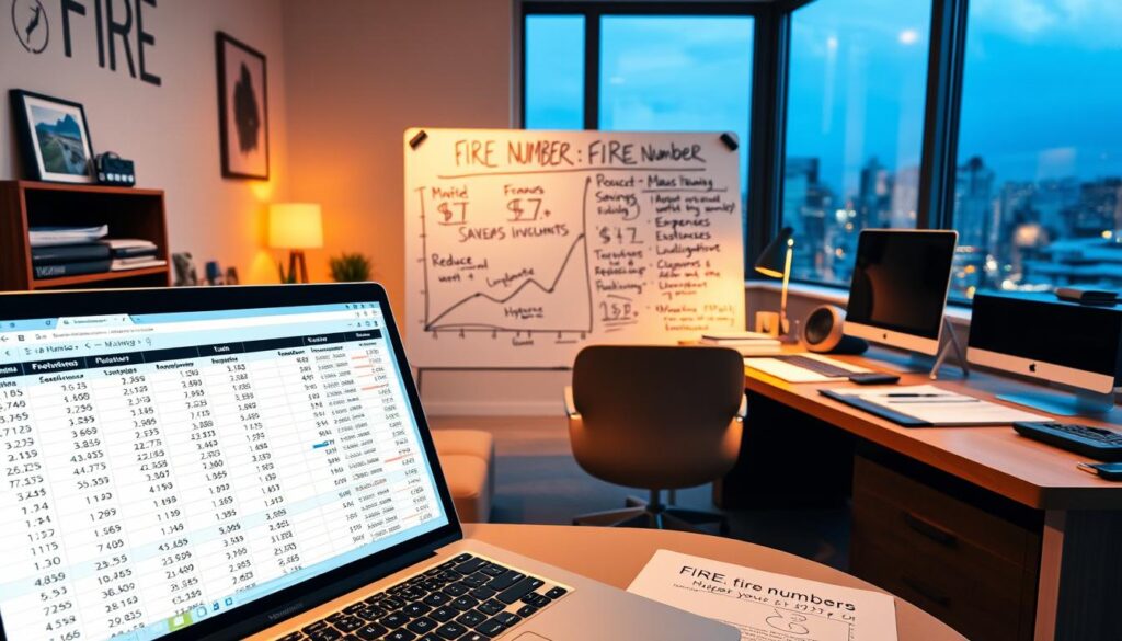 A sleek, modern home office with a large desk and an array of financial documents, charts, and calculators. The room is bathed in warm, ambient lighting, casting a cozy, focused atmosphere. In the foreground, a laptop displays a spreadsheet with the FIRE (Financial Independence, Retire Early) number calculations, the numbers and formulas clearly visible. In the middle ground, a hand-drawn diagram on a whiteboard illustrates the various strategies for achieving the FIRE number, such as maximizing savings, reducing expenses, and optimizing investments. The background features a large window with a cityscape view, hinting at the financial independence and lifestyle goals the FIRE number represents. A sleek, modern home office with a large desk and an array of financial documents, charts, and calculators. The room is bathed in warm, ambient lighting, casting a cozy, focused atmosphere. In the foreground, a laptop displays a spreadsheet with the FIRE (Financial Independence, Retire Early) number calculations, the numbers and formulas clearly visible. In the middle ground, a hand-drawn diagram on a whiteboard illustrates the various strategies for achieving the FIRE number, such as maximizing savings, reducing expenses, and optimizing investments. The background features a large window with a cityscape view, hinting at the financial independence and lifestyle goals the FIRE number represents.