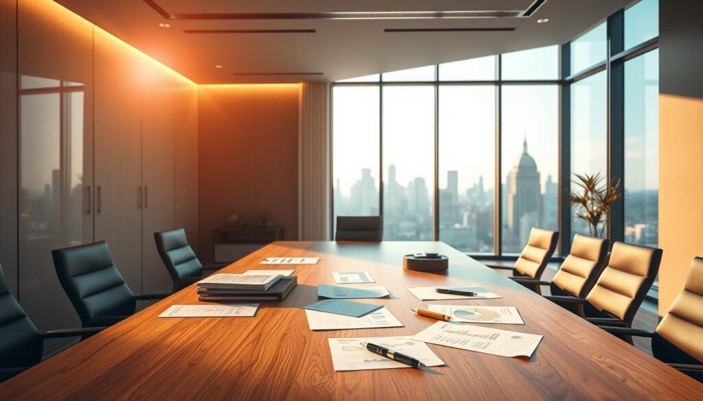 A sleek, modern office interior with a large, wooden table at the center. The table is adorned with various financial documents, a laptop, and a pen. Warm, directional lighting casts a soft glow over the scene, creating a contemplative atmosphere. In the background, a large window overlooking a city skyline provides a sense of scale and context. The overall composition conveys a thoughtful, strategic approach to investment planning.