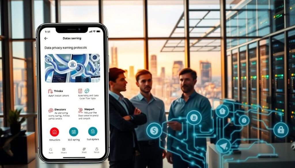 A sleek, modern office setting with a large window overlooking a bustling city skyline. In the foreground, a user-friendly mobile app interface showcases various "data privacy earning" features, with intuitive icons and clean typography. The middle ground features a team of developers collaborating on the app's security and privacy protocols, their expressions serious yet determined. In the background, a network of secure servers and data centers hum with activity, conveying a sense of reliable, enterprise-grade infrastructure. Warm, diffused lighting casts a professional, trustworthy atmosphere, while the composition emphasizes the app's focus on user privacy and secure transactions.
