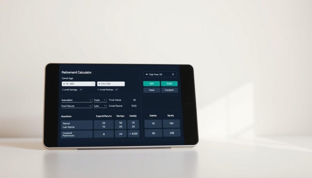 A sleek, modern retirement calculator interface against a clean, minimalist background. In the foreground, a detailed graphical display showcases various input fields and assumptions, such as age, current savings, expected returns, and more. The interface has a professional, easy-to-navigate design, with clear labels and intuitive controls. Soft, indirect lighting highlights the calculator's elegant lines and creates a sense of focus and clarity. The overall mood is one of financial planning, security, and confidence in one's financial future.