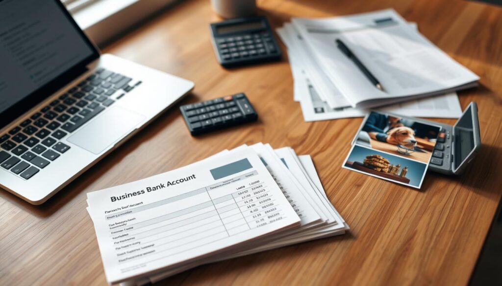A sleek wooden desk with a laptop, calculator, and neatly stacked business documents. In the foreground, a business bank account statement and a stack of product photos in a minimalist, professional style. The lighting is soft and natural, creating a warm, productive atmosphere. The camera angle is slightly elevated, giving a birds-eye view of the organized workspace. The background is blurred, keeping the focus on the essential financial and product-related items needed to start an Etsy shop.