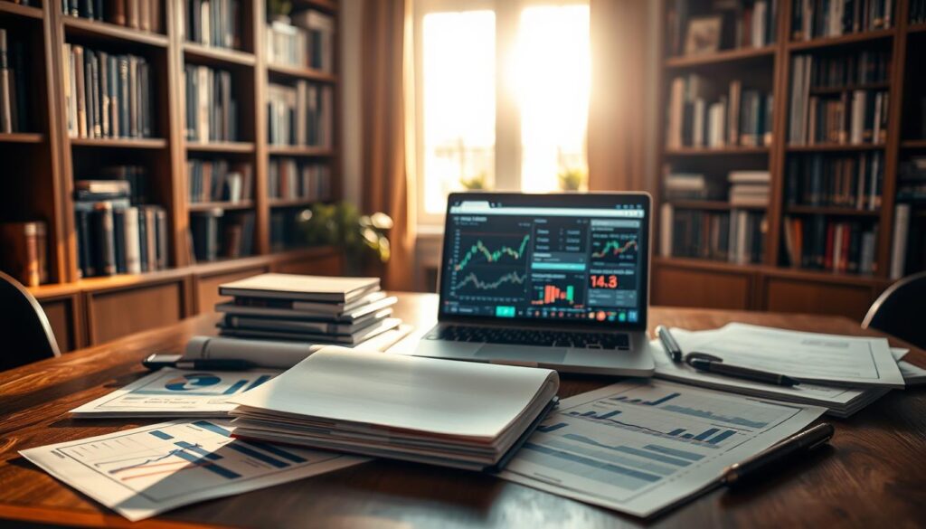A sophisticated investment portfolio laid out on a wooden desk, backlit by warm natural light streaming through a window. In the foreground, various financial documents, graphs, and charts arranged neatly. In the middle ground, a laptop displaying stock tickers and portfolio analysis tools. In the background, bookcases filled with investment and finance books, conveying a sense of expertise and knowledge. The overall atmosphere is one of careful planning, strategic thinking, and financial prudence, suitable for illustrating retirement account investment strategies.