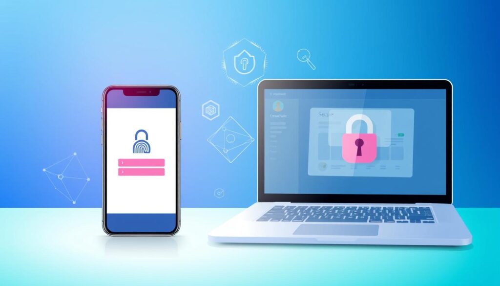 A stylized digital illustration showcasing secure credit access methods. In the foreground, a smartphone and a laptop are displayed, representing mobile and desktop access. The smartphone's screen depicts a secure login interface with biometric authentication, such as fingerprint or facial recognition. The laptop's screen shows an encrypted credit report dashboard, emphasizing the importance of desktop-based, secure access. The middle ground features abstract geometric shapes and patterns, symbolizing the data protection and encryption protocols that safeguard credit information. The background is a gradient of blues and greens, conveying a sense of trust, stability, and technological prowess. The overall composition and lighting create a visually striking and informative illustration that highlights the key aspects of secure credit access.
