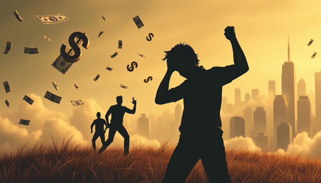 A surreal, thought-provoking illustration of common passive income myths. In the foreground, a dreamlike landscape with floating cash symbols, representing the illusion of effortless wealth. In the middle ground, shadowy figures struggling to grasp these elusive "passive" earnings, their expressions conveying frustration and disillusionment. The background fades into an abstract, distorted cityscape, symbolizing the complexities and challenges of achieving true financial freedom. Warm, muted tones create a contemplative mood, inviting the viewer to question their own misconceptions about passive income. Dramatic lighting casts dramatic shadows, emphasizing the dichotomy between perception and reality.