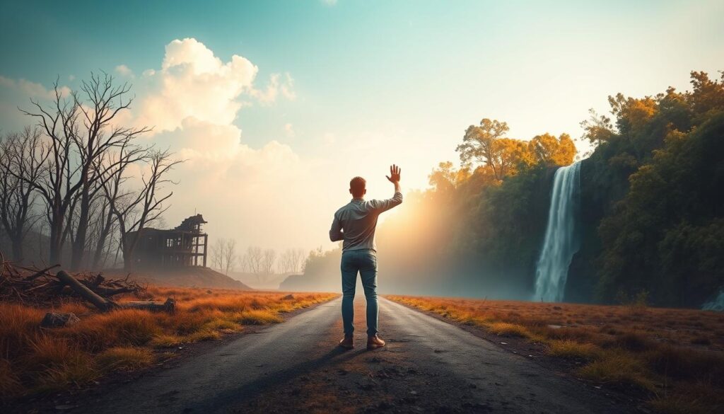 A sweeping landscape with a central figure in the foreground, standing at a crossroads between two divergent paths. The figure is poised, one hand raised in contemplation, as they gaze upon the contrasting sceneries. On the left, a desolate, grey landscape of barren trees and crumbling structures, conveying a sense of scarcity and limitation. On the right, a vibrant, verdant scene with lush foliage, cascading waterfalls, and a warm, golden light, embodying an abundance mindset. The figure is illuminated by a soft, natural light, creating a sense of introspection and inner transformation. The composition is balanced, with the figure occupying the center, the two paths diverging symmetrically. The overall atmosphere is one of thoughtful contemplation, guiding the viewer towards a mindset shift from scarcity to abundance. A sweeping landscape with a central figure in the foreground, standing at a crossroads between two divergent paths. The figure is poised, one hand raised in contemplation, as they gaze upon the contrasting sceneries. On the left, a desolate, grey landscape of barren trees and crumbling structures, conveying a sense of scarcity and limitation. On the right, a vibrant, verdant scene with lush foliage, cascading waterfalls, and a warm, golden light, embodying an abundance mindset. The figure is illuminated by a soft, natural light, creating a sense of introspection and inner transformation. The composition is balanced, with the figure occupying the center, the two paths diverging symmetrically. The overall atmosphere is one of thoughtful contemplation, guiding the viewer towards a mindset shift from scarcity to abundance.