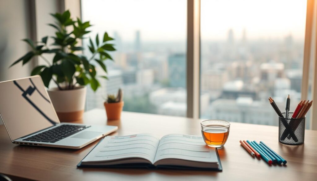 A tranquil office space with a desk, laptop, and a potted plant. Warm, muted lighting casts a calming glow, and a large window offers a serene cityscape in the background. On the desk, a financial planner's notebook lies open, alongside a cup of tea and a set of colored pens, suggesting a thoughtful, measured approach to managing financial anxiety. The atmosphere conveys a sense of control, organization, and a focus on practical solutions. A tranquil office space with a desk, laptop, and a potted plant. Warm, muted lighting casts a calming glow, and a large window offers a serene cityscape in the background. On the desk, a financial planner's notebook lies open, alongside a cup of tea and a set of colored pens, suggesting a thoughtful, measured approach to managing financial anxiety. The atmosphere conveys a sense of control, organization, and a focus on practical solutions.