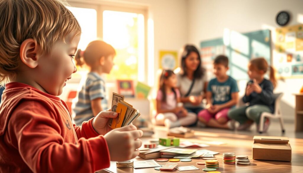 A vibrant, age-specific financial education scene unfolds, with a warm, inviting atmosphere. In the foreground, a young child enthusiastically handles colorful play money, learning the basics of saving and spending. In the middle ground, a group of pre-teens gather around a teacher, discussing budgeting and investment concepts through interactive activities. The background depicts a serene, sun-dappled classroom, with educational posters and visual aids that reinforce the age-appropriate financial lessons. The lighting is soft and natural, creating a sense of calm and engagement. The overall composition conveys the importance of tailored financial education at each stage of a child's development. A vibrant, age-specific financial education scene unfolds, with a warm, inviting atmosphere. In the foreground, a young child enthusiastically handles colorful play money, learning the basics of saving and spending. In the middle ground, a group of pre-teens gather around a teacher, discussing budgeting and investment concepts through interactive activities. The background depicts a serene, sun-dappled classroom, with educational posters and visual aids that reinforce the age-appropriate financial lessons. The lighting is soft and natural, creating a sense of calm and engagement. The overall composition conveys the importance of tailored financial education at each stage of a child's development.