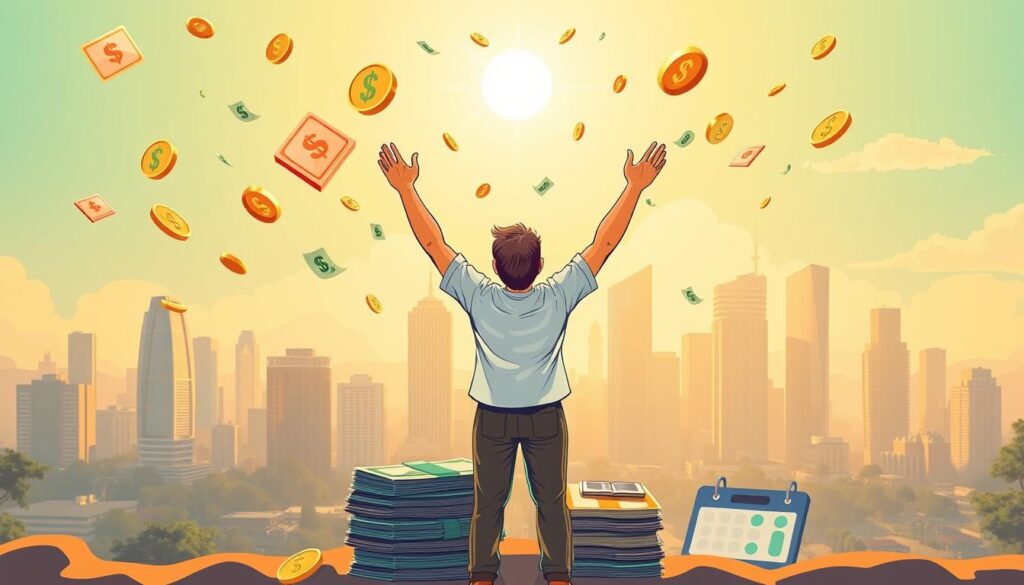 A vibrant and dynamic illustration of the financial benefits of a no-spend month challenge. In the foreground, a person stands triumphantly, hands raised in celebration, surrounded by floating dollar signs, coins, and financial icons, symbolizing the savings and newfound financial freedom gained. The middle ground features a neat stack of bills, a calculator, and a calendar, highlighting the tangible results of the challenge. In the background, a cityscape with towering skyscrapers and a sun-drenched sky, conveying a sense of possibility and prosperity. The lighting is warm and golden, casting a hopeful glow over the entire scene. The composition is balanced and visually striking, capturing the empowering essence of the no-spend month challenge. A vibrant and dynamic illustration of the financial benefits of a no-spend month challenge. In the foreground, a person stands triumphantly, hands raised in celebration, surrounded by floating dollar signs, coins, and financial icons, symbolizing the savings and newfound financial freedom gained. The middle ground features a neat stack of bills, a calculator, and a calendar, highlighting the tangible results of the challenge. In the background, a cityscape with towering skyscrapers and a sun-drenched sky, conveying a sense of possibility and prosperity. The lighting is warm and golden, casting a hopeful glow over the entire scene. The composition is balanced and visually striking, capturing the empowering essence of the no-spend month challenge.