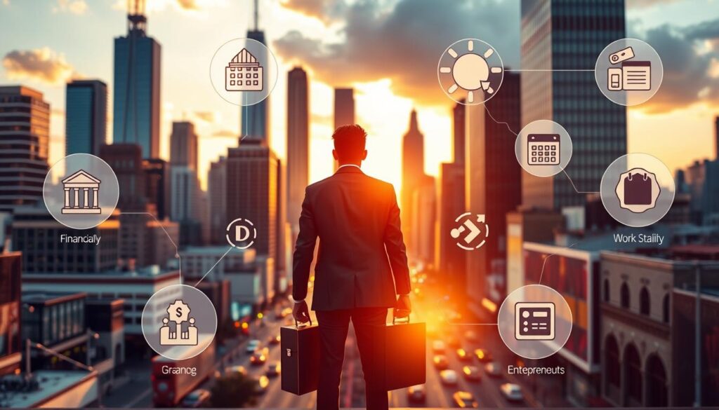 A vibrant cityscape with towering skyscrapers and bustling streets, illuminated by warm golden light of the setting sun. In the foreground, a person standing confidently, briefcase in hand, looking ahead with a sense of purpose and determination. Surrounding them, abstract symbols and icons representing the various benefits of a side hustle - financial stability, work-life balance, personal growth, and entrepreneurial freedom. The scene exudes an atmosphere of opportunity, innovation, and the promise of a brighter future.