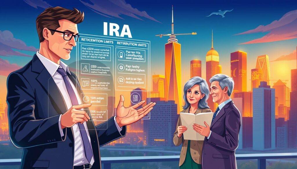 A vibrant, detailed image of IRA contribution strategies. In the foreground, a financial advisor in a crisp suit gestures towards a holographic display showcasing investment options and contribution limits. The middle ground features a middle-aged couple studying their retirement plan, expressions thoughtful. In the background, a cityscape with towering skyscrapers bathed in warm, golden lighting, conveying a sense of financial security and stability. The overall mood is informative yet aspirational, highlighting the importance of strategic IRA planning for a comfortable retirement.
