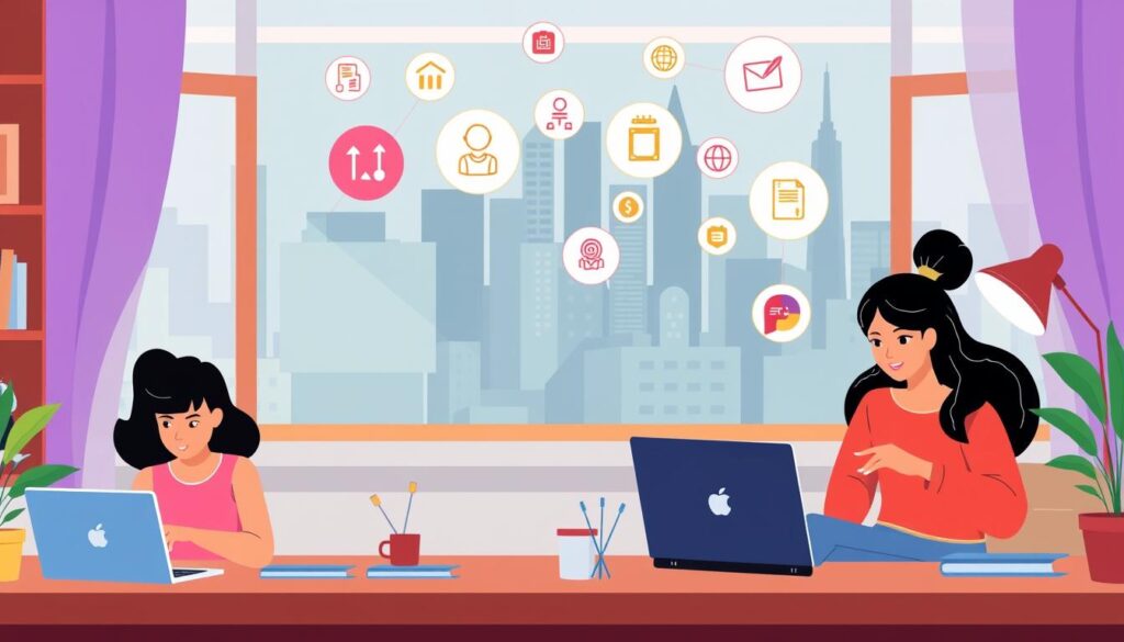 A vibrant, digital illustration depicting an overview of freelance jobs for beginners. In the foreground, a diverse group of freelancers - a graphic designer, a virtual assistant, a web developer, and a content creator - working on their laptops in a cozy, well-lit home office setting. In the middle ground, floating icons represent various freelance opportunities such as programming, writing, marketing, and customer service. The background features a cityscape with skyscrapers, suggesting the global reach and flexibility of the freelance economy. The overall scene conveys a sense of creativity, productivity, and the potential for financial independence that freelance work can offer beginners. A vibrant, digital illustration depicting an overview of freelance jobs for beginners. In the foreground, a diverse group of freelancers - a graphic designer, a virtual assistant, a web developer, and a content creator - working on their laptops in a cozy, well-lit home office setting. In the middle ground, floating icons represent various freelance opportunities such as programming, writing, marketing, and customer service. The background features a cityscape with skyscrapers, suggesting the global reach and flexibility of the freelance economy. The overall scene conveys a sense of creativity, productivity, and the potential for financial independence that freelance work can offer beginners.