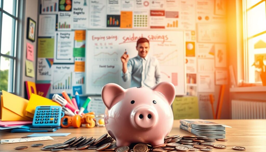 A vibrant, dynamic composition depicting creative methods to accelerate emergency savings. In the foreground, a piggy bank overflows with coins, surrounded by colorful budgeting tools like envelopes, calculators, and visual trackers. In the middle ground, a person enthusiastically records their savings progress on a whiteboard, illuminated by warm, natural lighting from a large window. The background features a collage of inspiring financial planning resources, such as charts, diagrams, and inspirational quotes. The overall scene conveys a sense of productivity, organization, and a proactive approach to building financial resilience. A vibrant, dynamic composition depicting creative methods to accelerate emergency savings. In the foreground, a piggy bank overflows with coins, surrounded by colorful budgeting tools like envelopes, calculators, and visual trackers. In the middle ground, a person enthusiastically records their savings progress on a whiteboard, illuminated by warm, natural lighting from a large window. The background features a collage of inspiring financial planning resources, such as charts, diagrams, and inspirational quotes. The overall scene conveys a sense of productivity, organization, and a proactive approach to building financial resilience.