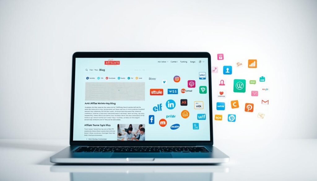 A vibrant, modern blog interface showcasing various affiliate marketing strategies. In the foreground, a laptop displays a blog post with links and banners promoting different products. The middle ground features a scatter of colorful affiliate icons, logos, and images against a minimalist white background. In the background, a soft, radiant light illuminates the scene, creating a professional, aspirational atmosphere. The overall composition conveys the idea of leveraging affiliate partnerships to generate passive income for a stay-at-home mom's blog. A vibrant, modern blog interface showcasing various affiliate marketing strategies. In the foreground, a laptop displays a blog post with links and banners promoting different products. The middle ground features a scatter of colorful affiliate icons, logos, and images against a minimalist white background. In the background, a soft, radiant light illuminates the scene, creating a professional, aspirational atmosphere. The overall composition conveys the idea of leveraging affiliate partnerships to generate passive income for a stay-at-home mom's blog.